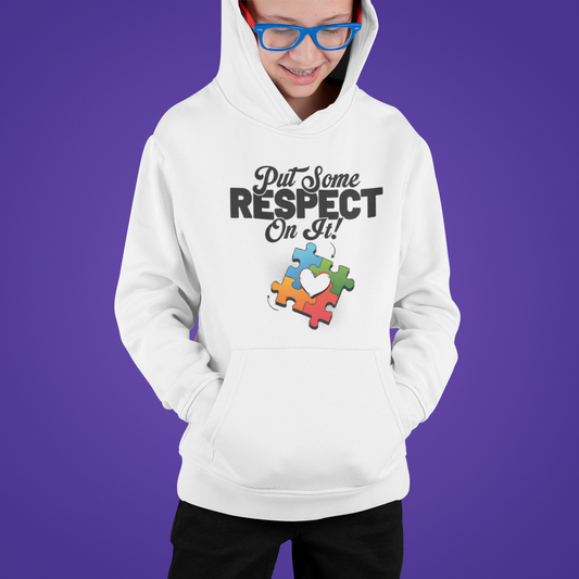 White Hoodie 'Put Some Respect On It' Kids Hoodie featuring bold, white lettering, crafted from soft, durable fabric. Ideal for kids to make a confident statement while staying warm and comfortable in style.